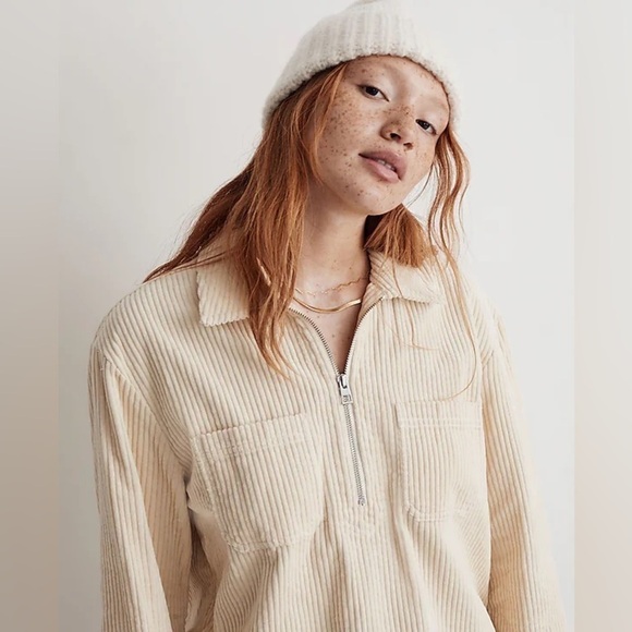 Madewell Corduroy Half-Zip Sweatshirt Cream Alabaster  Popover shirt jacket - Picture 9 of 9